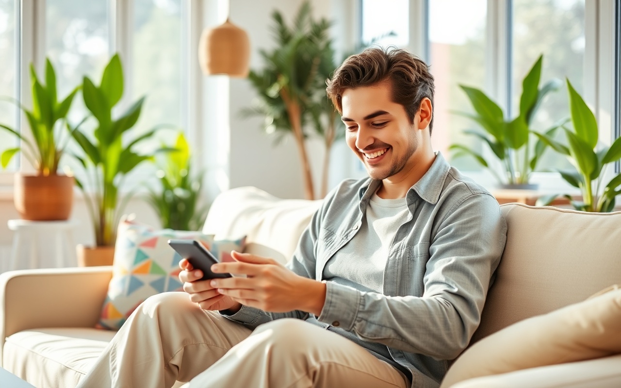 A homeowner relaxing on a couch while a Valla pro neatly organizes a living room, showing the transformation and ease of service