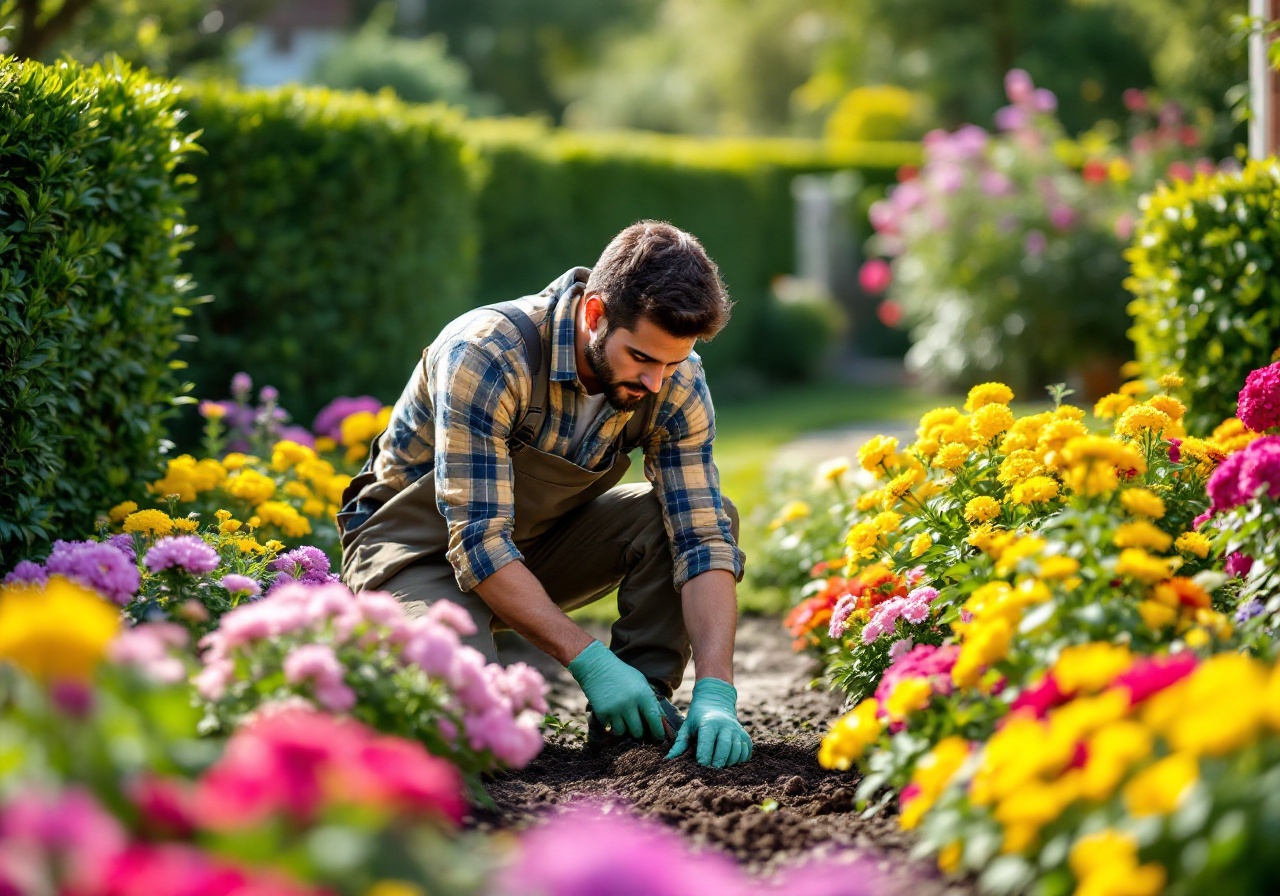 A lush, vibrant garden with blooming flowers and a well-manicured lawn