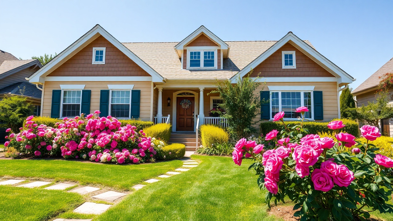 A beautifully manicured front yard with vibrant flowers and a walkway