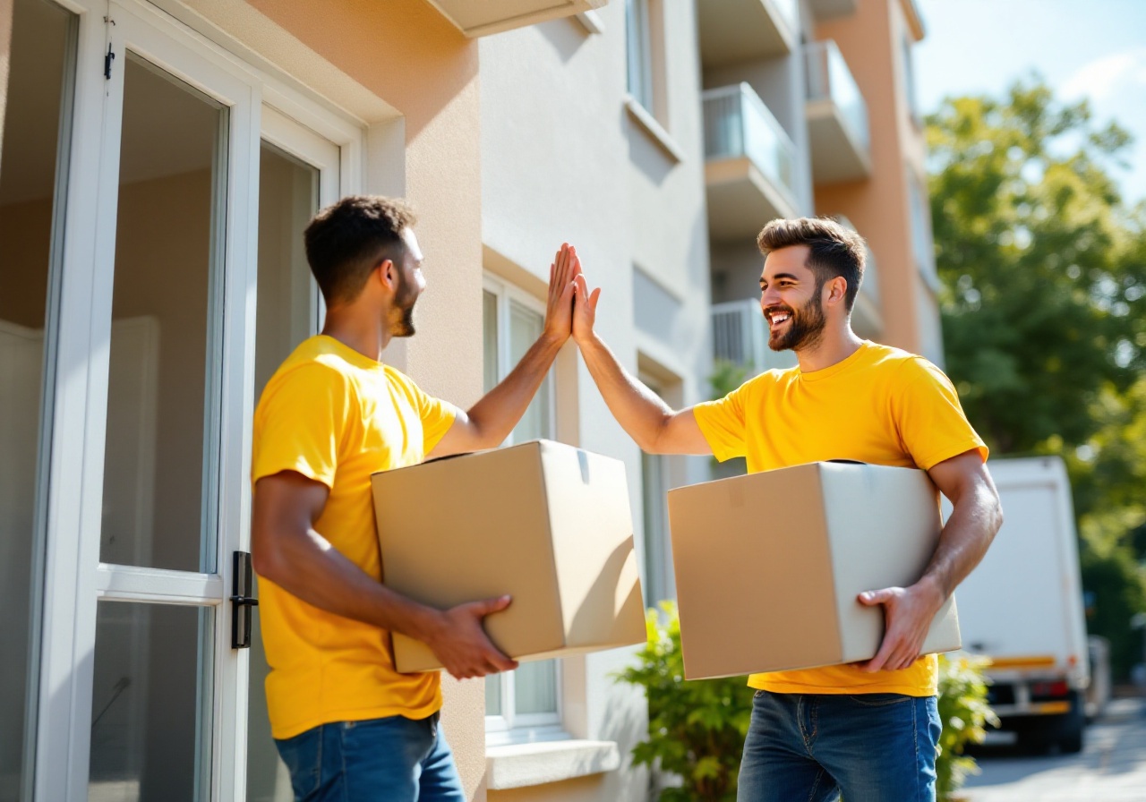 Cheerful movers carrying colorful boxes in a sunny driveway