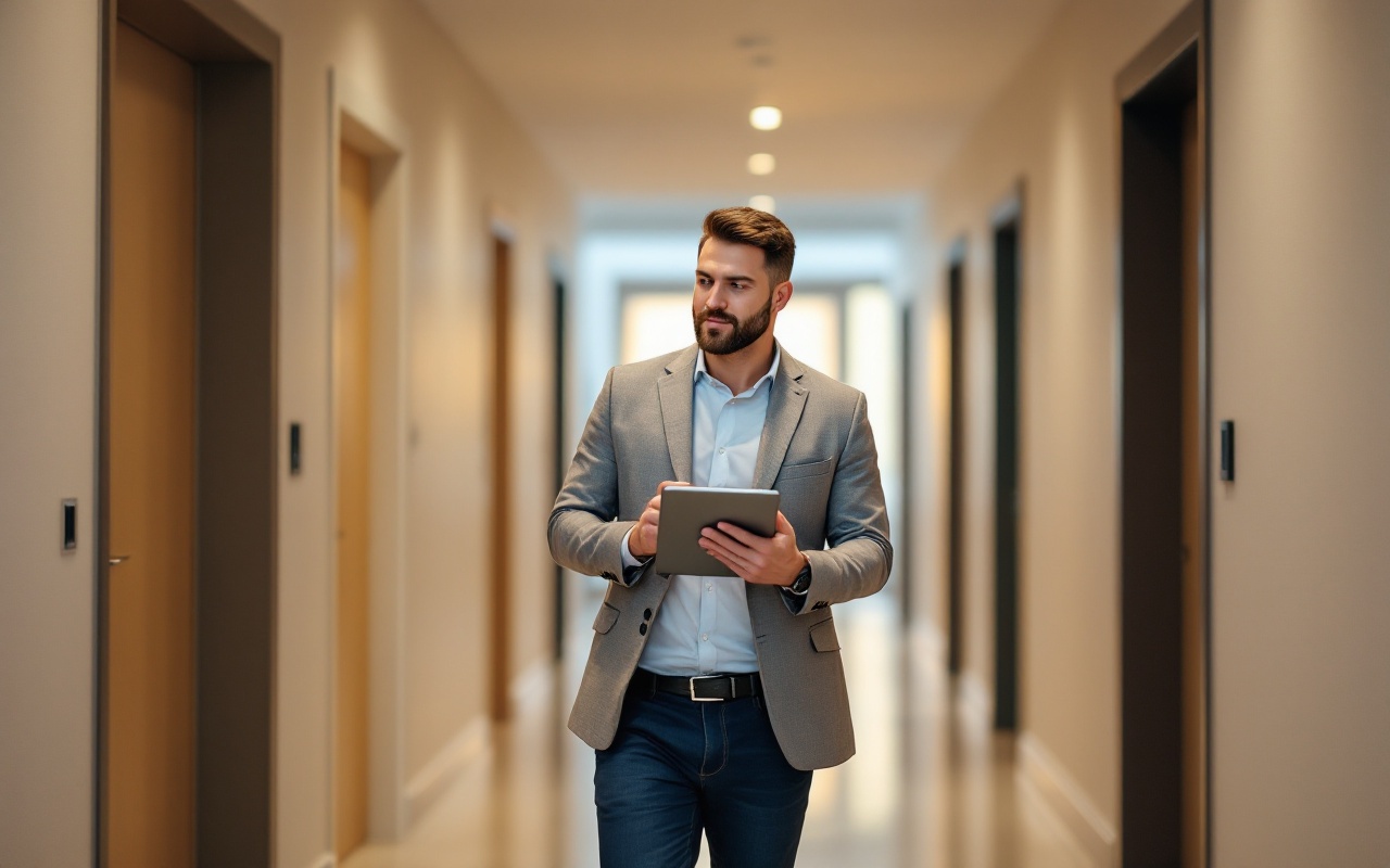 Professional property manager reviewing tablet showing Valla dashboard