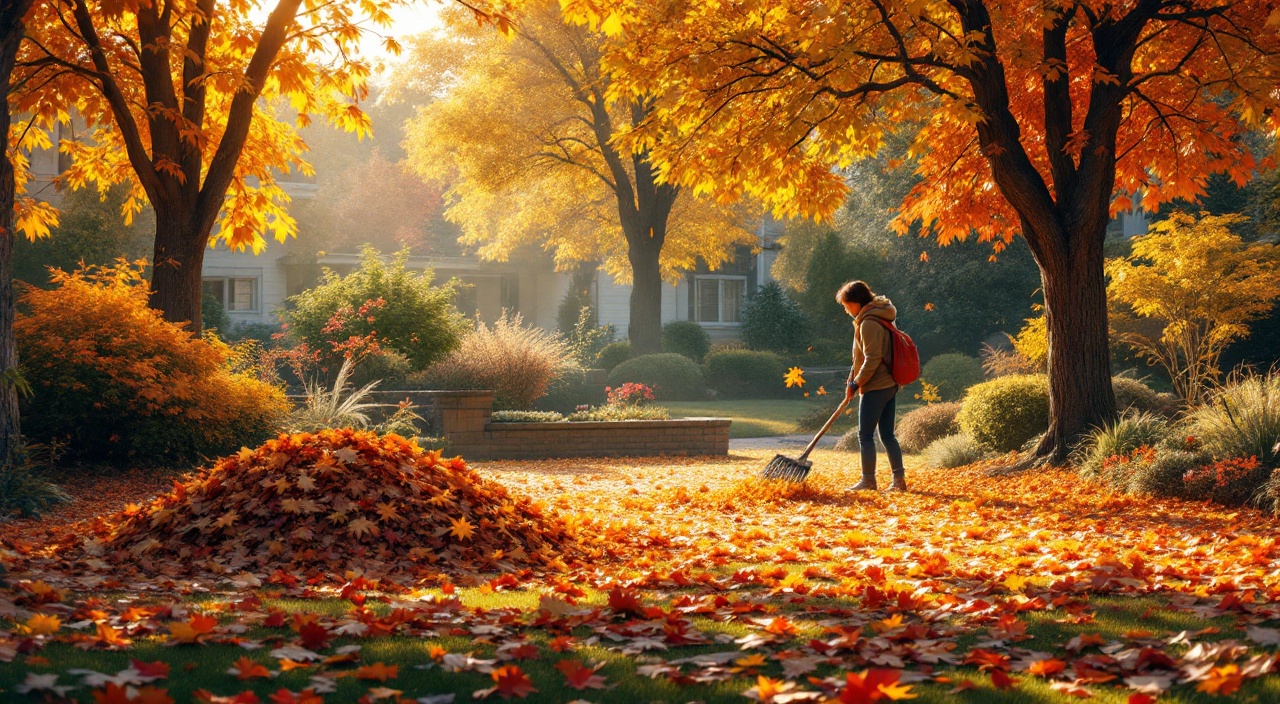 A vibrant autumn garden with warm orange and red foliage