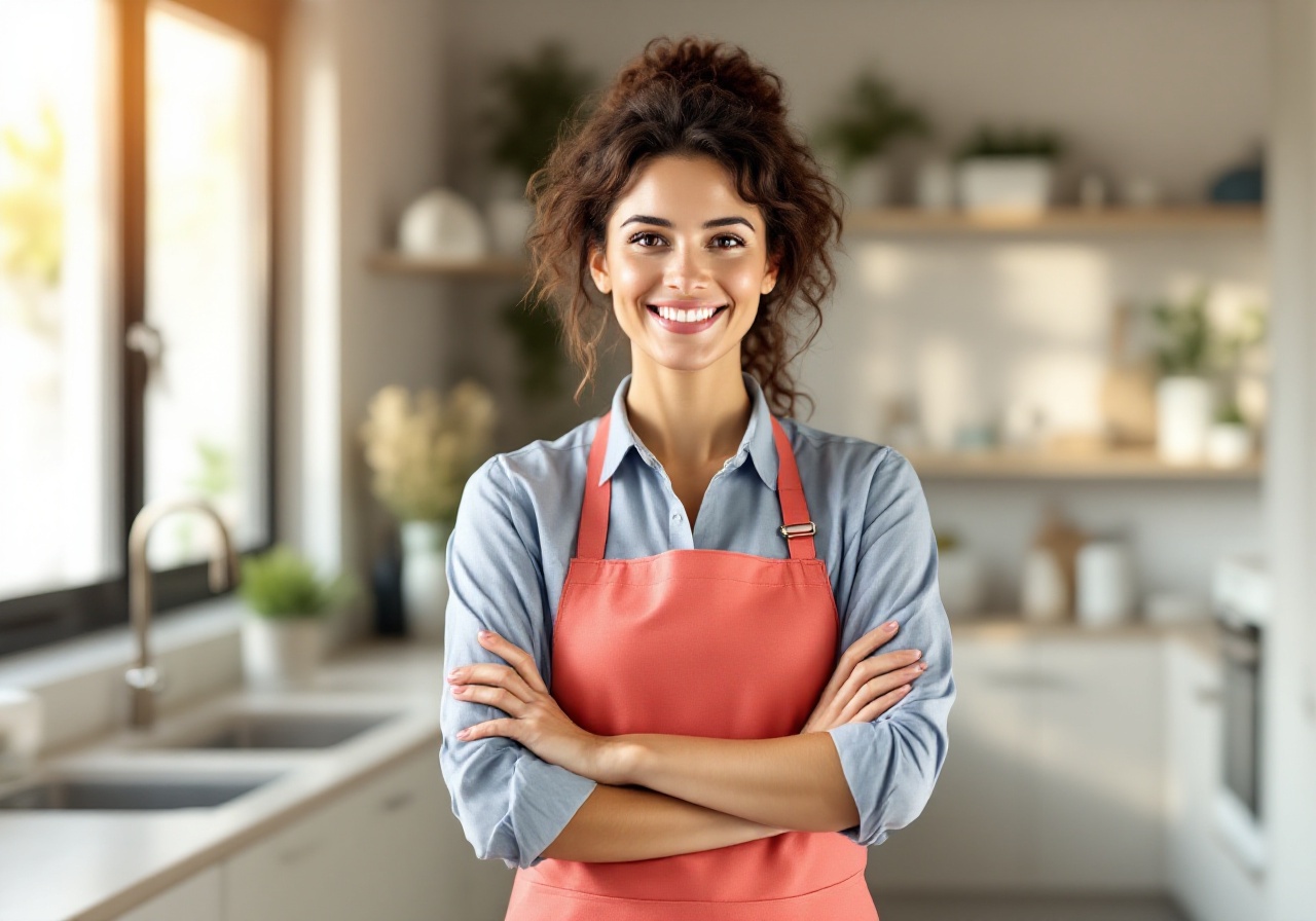 Portrait of Maria in her work uniform smiling in a clean home