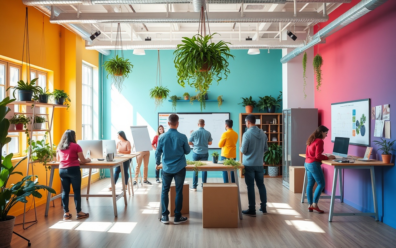 Valla office team collaborating in a colorful workspace