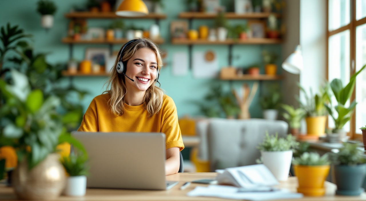 Friendly customer support agent holding a tablet and smiling at a homeowner